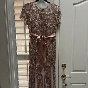 R&M Richards Petite Rose Gold Sequined Illusion Evening Dress